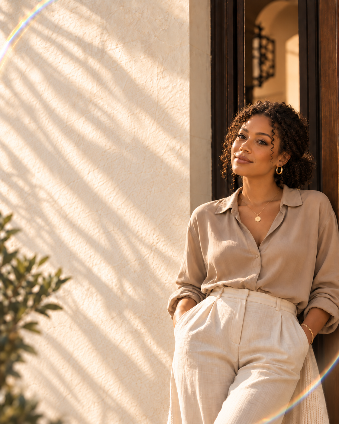 A woman pausing in a sunlit doorway